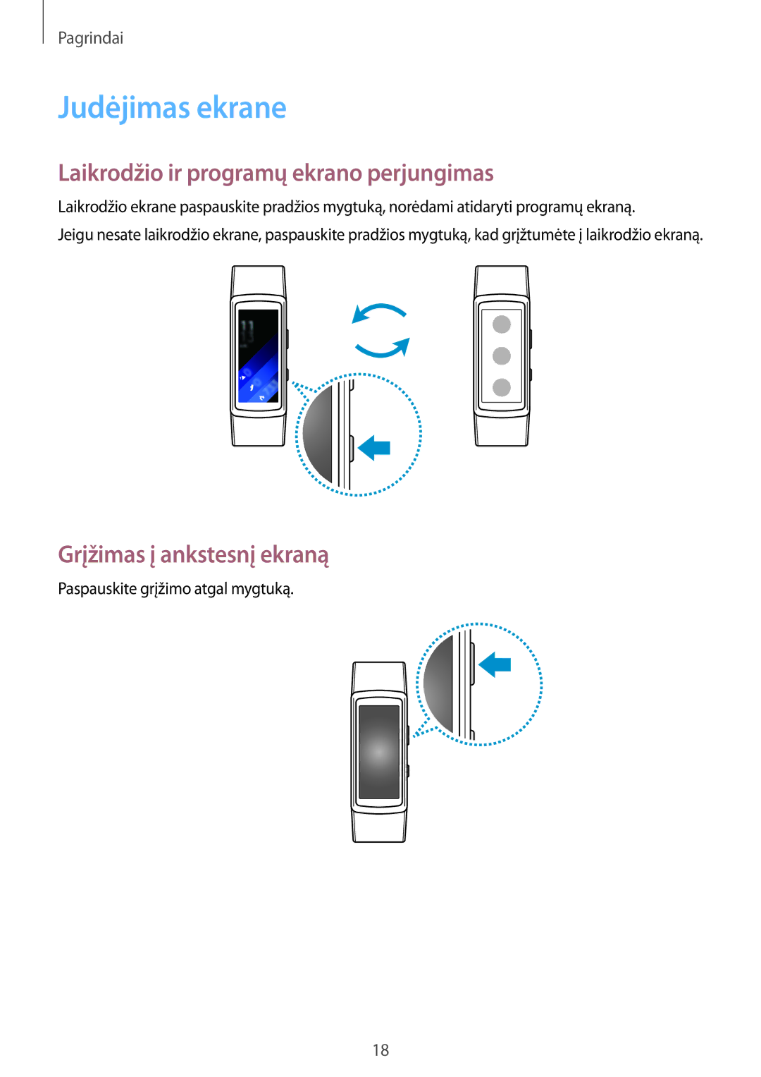 Samsung SM-R3600DAASEB manual Judėjimas ekrane, Laikrodžio ir programų ekrano perjungimas, Grįžimas į ankstesnį ekraną 