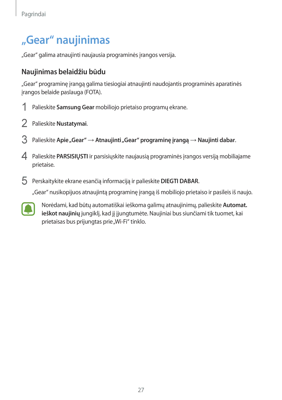 Samsung SM-R3600ZBASEB, SM-R3600DANSEB, SM-R3600ZINSEB, SM-R3600DAASEB manual „Gear naujinimas, Naujinimas belaidžiu būdu 