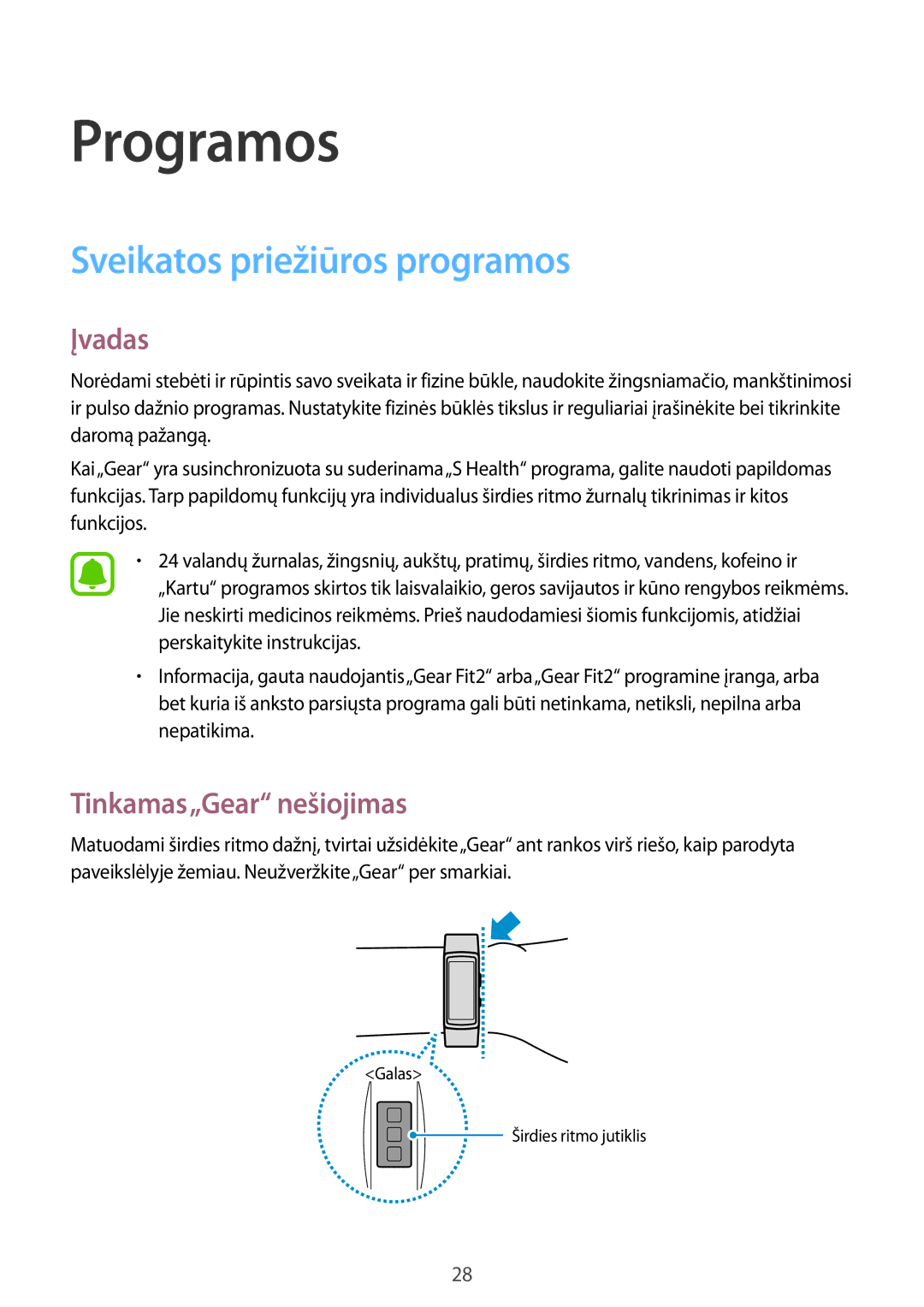 Samsung SM-R3600DANSEB, SM-R3600ZINSEB, SM-R3600DAASEB manual Sveikatos priežiūros programos, Tinkamas„Gear nešiojimas 