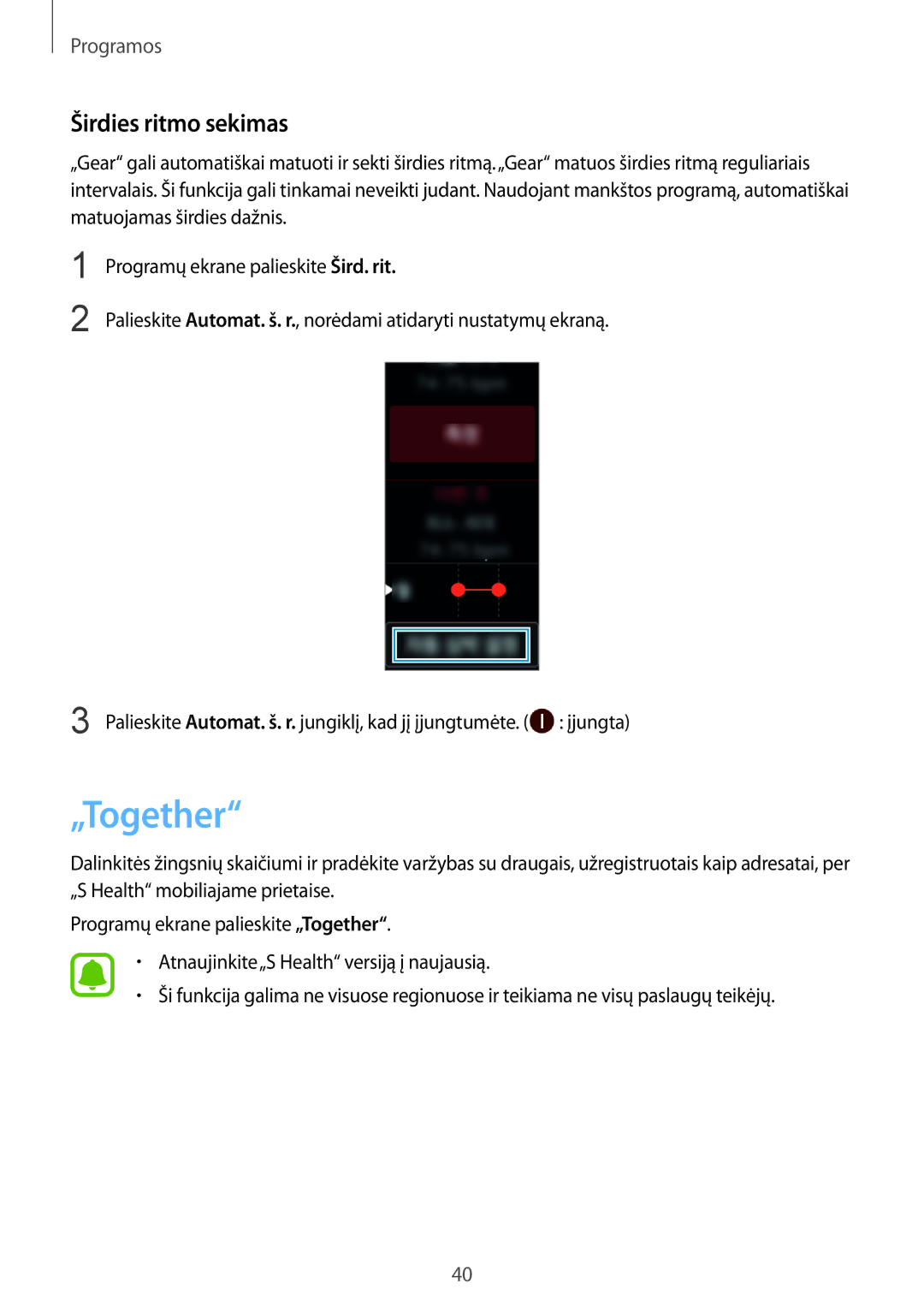 Samsung SM-R3600DANSEB, SM-R3600ZINSEB, SM-R3600DAASEB, SM-R3600ZBASEB manual „Together, Širdies ritmo sekimas 