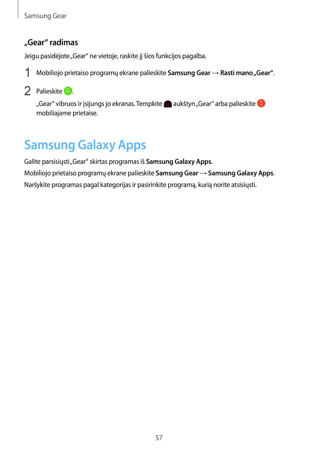 Samsung SM-R3600ZINSEB, SM-R3600DANSEB, SM-R3600DAASEB, SM-R3600ZBASEB manual Samsung Galaxy Apps, „Gear radimas 