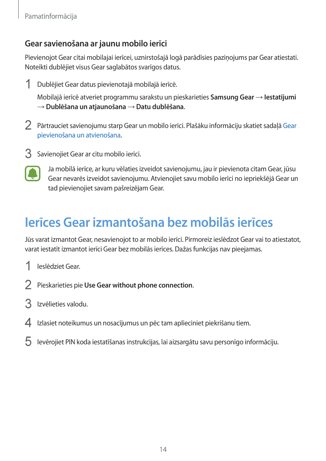 Samsung SM-R3600DAASEB manual Ierīces Gear izmantošana bez mobilās ierīces, Gear savienošana ar jaunu mobilo ierīci 