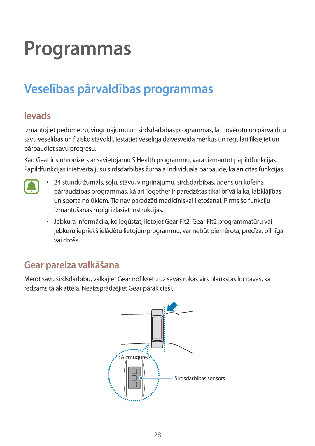 Samsung SM-R3600DANSEB, SM-R3600ZINSEB, SM-R3600DAASEB manual Veselības pārvaldības programmas, Gear pareiza valkāšana 