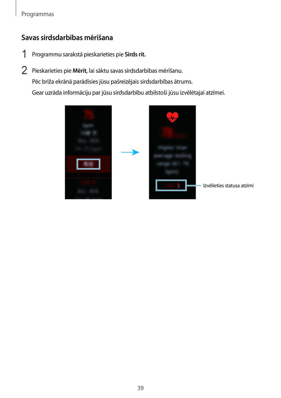 Samsung SM-R3600ZBASEB, SM-R3600DANSEB manual Savas sirdsdarbības mērīšana, Programmu sarakstā pieskarieties pie Sirds rit 