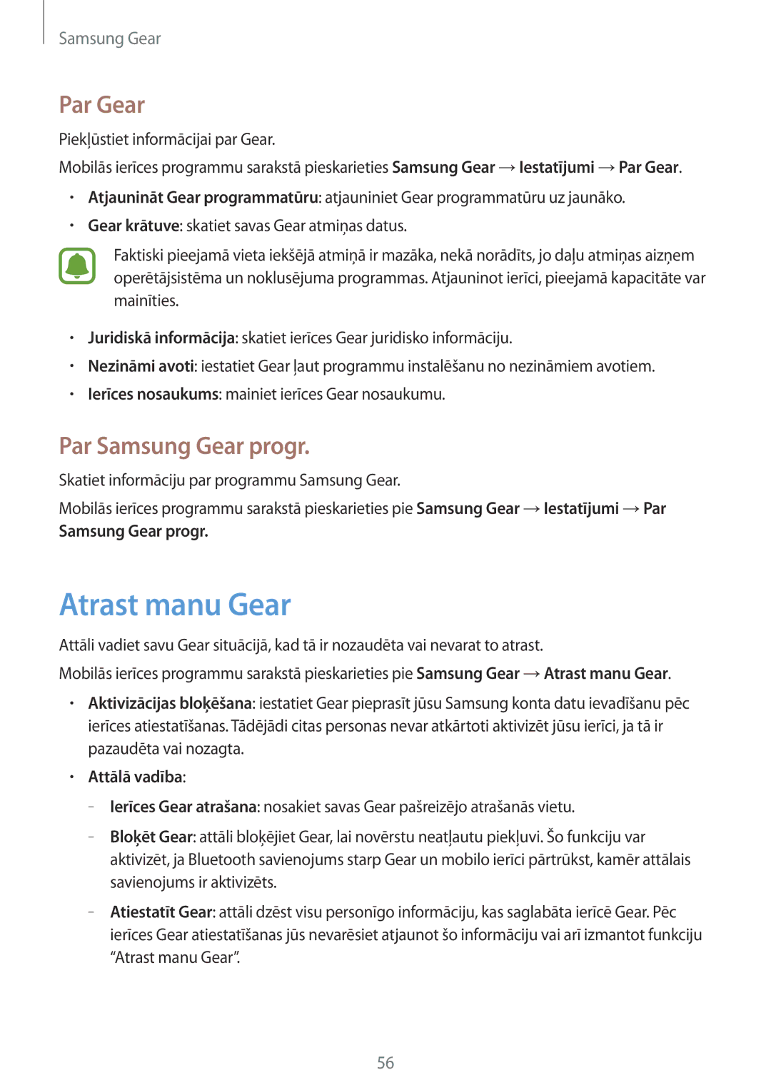 Samsung SM-R3600DANSEB manual Atrast manu Gear, Par Gear, Par Samsung Gear progr, Piekļūstiet informācijai par Gear 