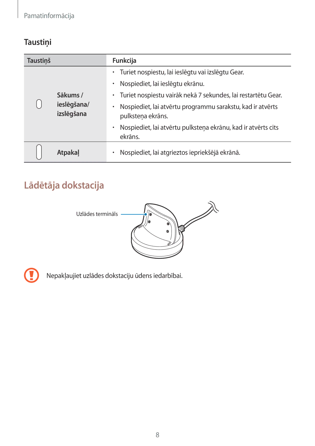 Samsung SM-R3600DANSEB, SM-R3600ZINSEB, SM-R3600DAASEB, SM-R3600ZBASEB manual Lādētāja dokstacija, Taustiņi 