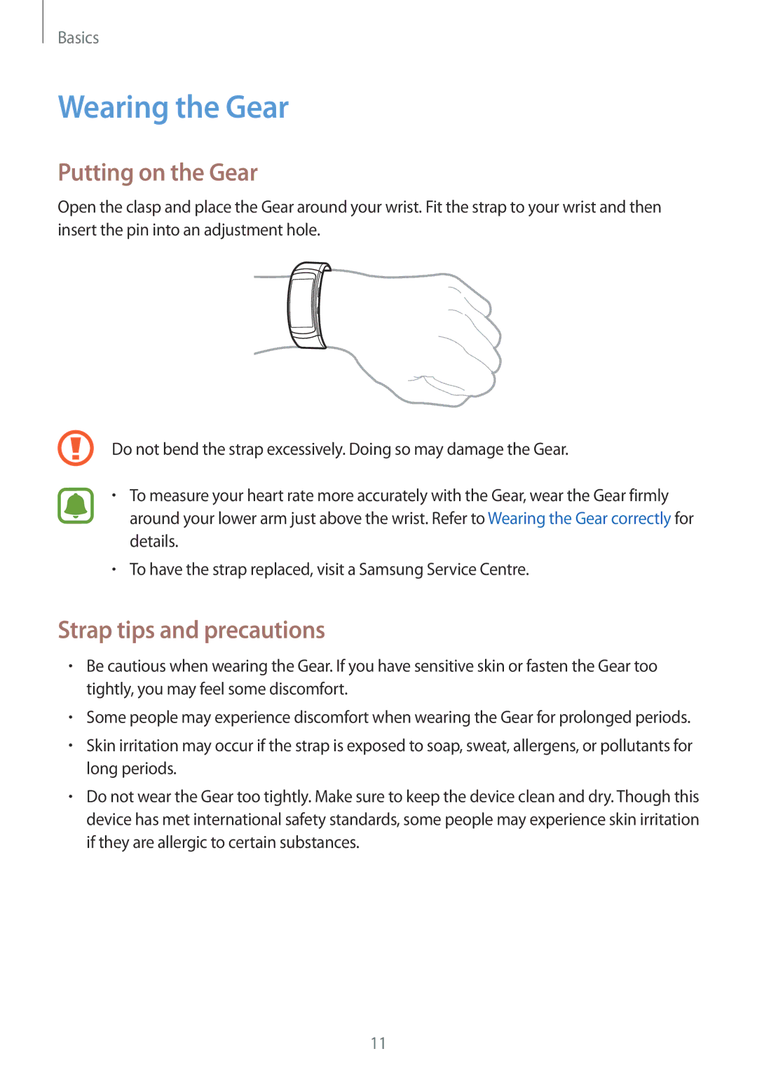 Samsung SM-R3600ZINXEF, SM-R3600ZBADBT, SM-R3600ZINDBT Wearing the Gear, Putting on the Gear, Strap tips and precautions 