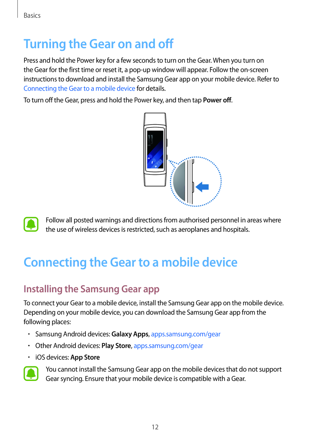 Samsung SM-R3600ZINITV, SM-R3600ZBADBT, SM-R3600ZINDBT Turning the Gear on and off, Connecting the Gear to a mobile device 