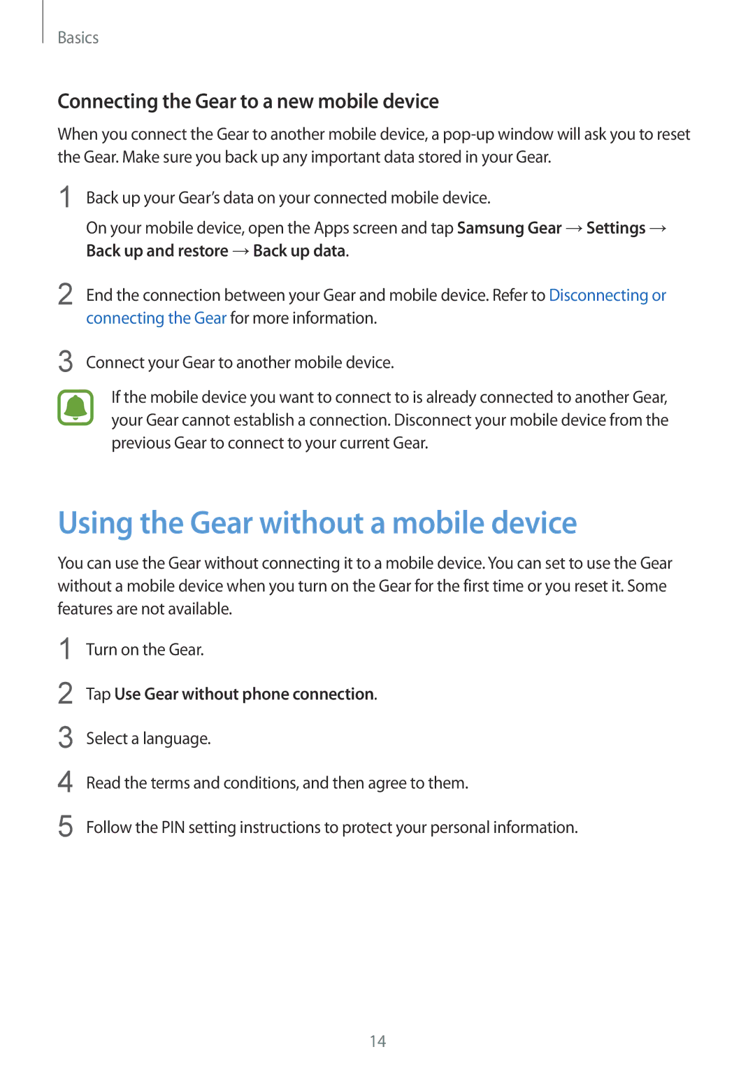 Samsung SM-R3600ZBAITV, SM-R3600ZBADBT Using the Gear without a mobile device, Connecting the Gear to a new mobile device 
