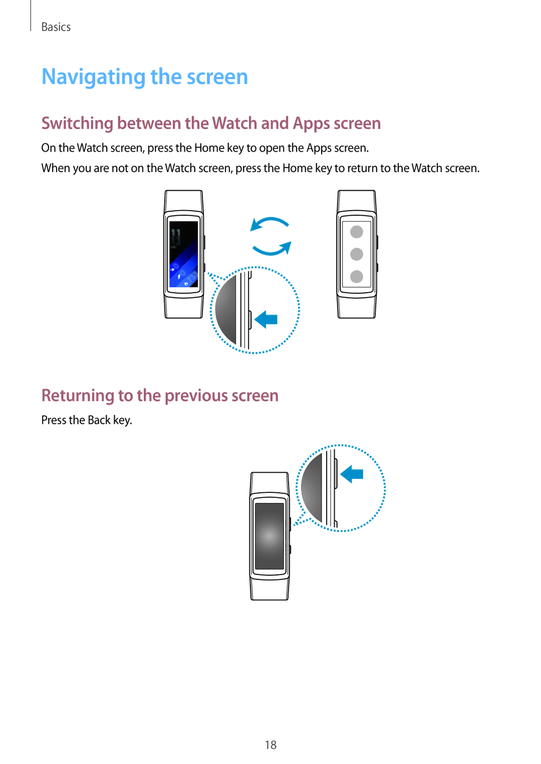 Samsung SM-R3600ZINPHE, SM-R3600ZBADBT, SM-R3600ZINDBT Navigating the screen, Switching between the Watch and Apps screen 