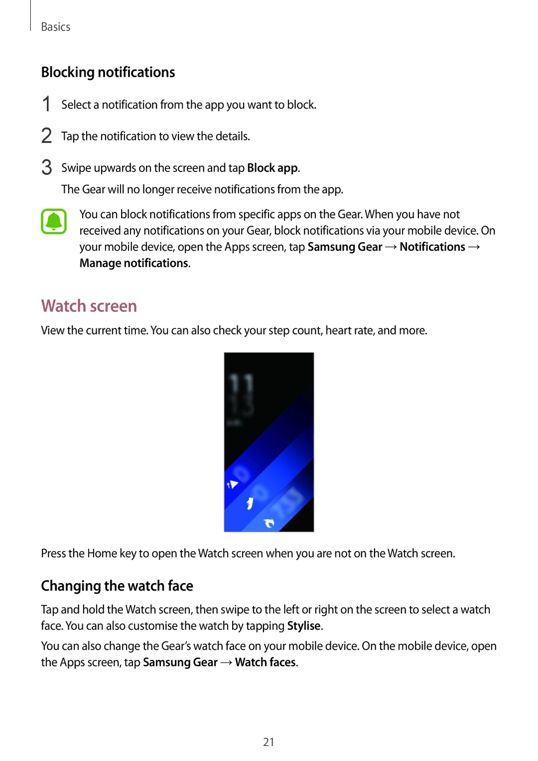 Samsung SM-R3600DAAKSA, SM-R3600ZBADBT, SM-R3600ZINDBT manual Watch screen, Blocking notifications, Changing the watch face 