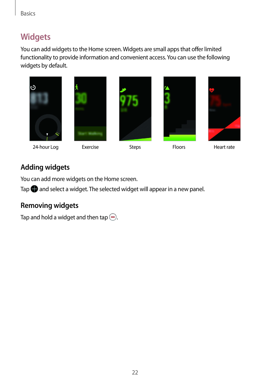 Samsung SM-R3600ZBAKSA, SM-R3600ZBADBT, SM-R3600ZINDBT, SM-R3600ZIADBT manual Widgets, Adding widgets, Removing widgets 