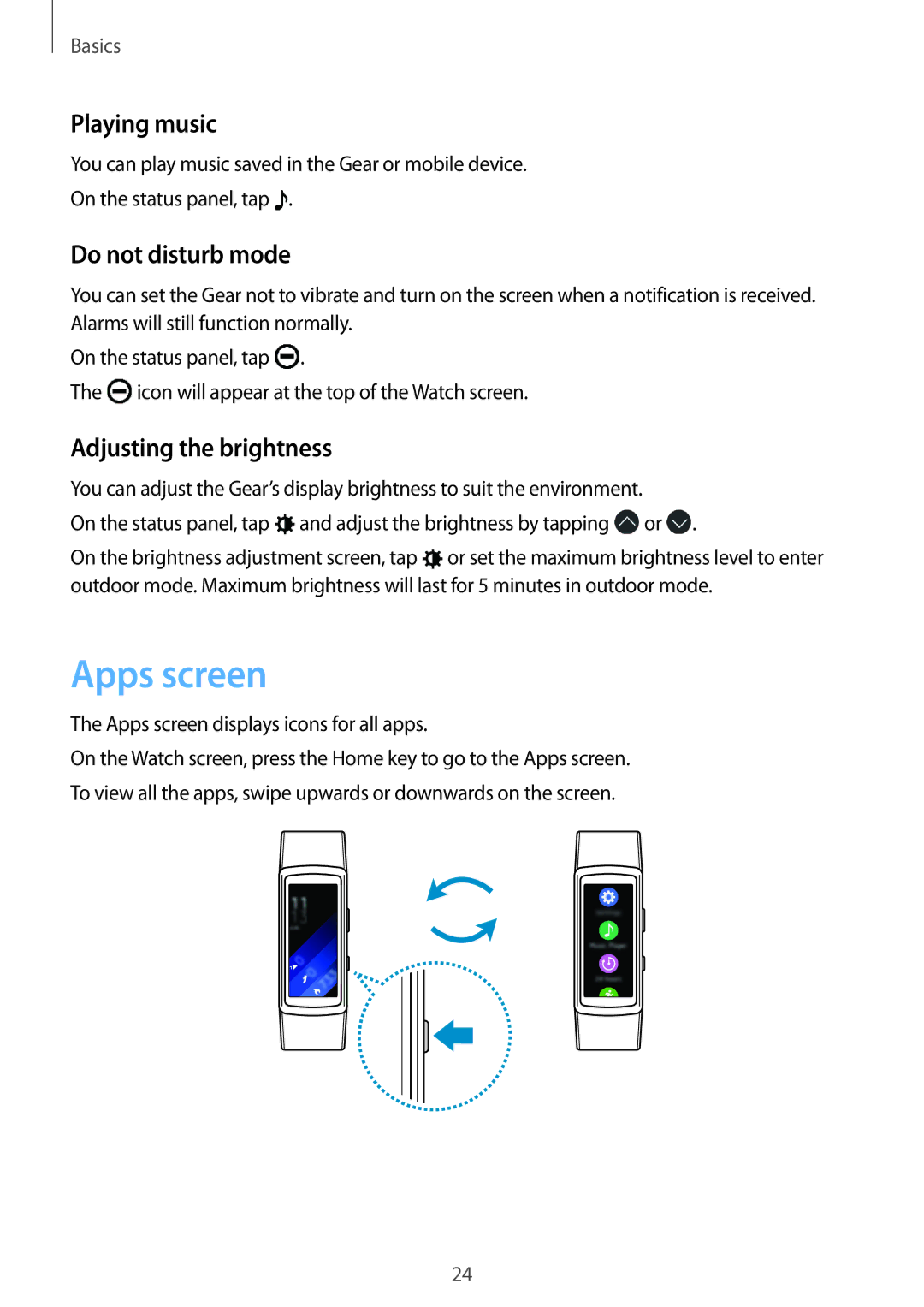 Samsung SM-R3600DAAXXV, SM-R3600ZBADBT manual Apps screen, Playing music, Do not disturb mode, Adjusting the brightness 