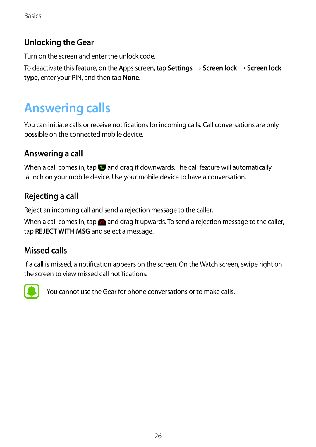 Samsung SM-R3600ZBABGL manual Answering calls, Unlocking the Gear, Answering a call, Rejecting a call, Missed calls 