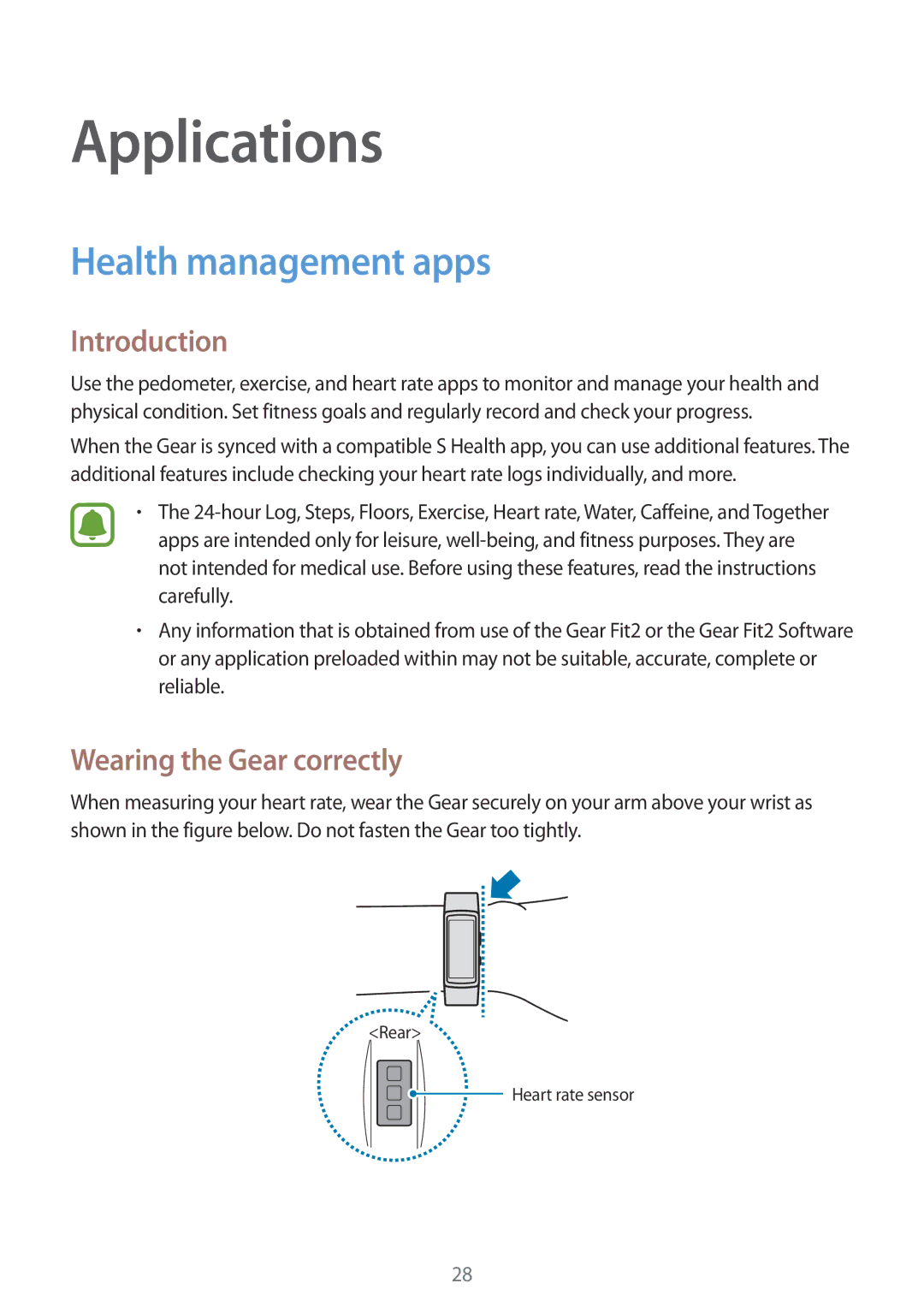 Samsung SM-R3600DAAROM, SM-R3600ZBADBT, SM-R3600ZINDBT, SM-R3600ZIADBT Health management apps, Wearing the Gear correctly 