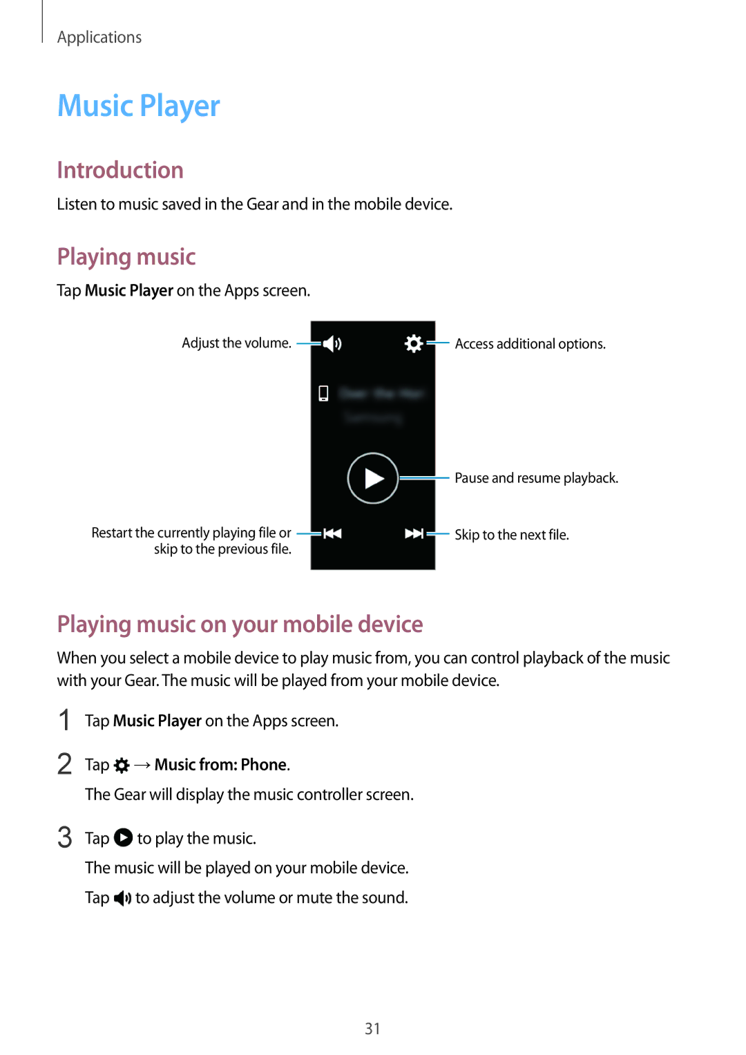 Samsung SM-R3600ZBNNEE, SM-R3600ZBADBT manual Music Player, Playing music on your mobile device, Tap →Music from Phone 