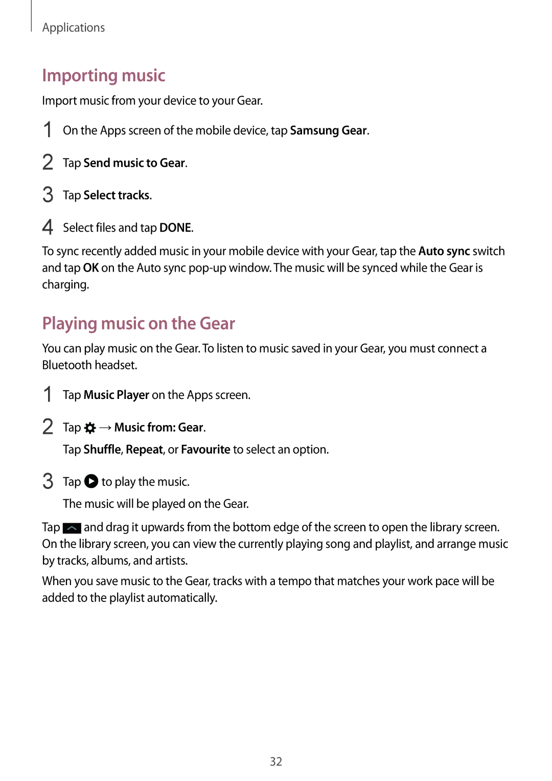 Samsung SM-R3600ZIANEE manual Importing music, Playing music on the Gear, Tap Send music to Gear Tap Select tracks 