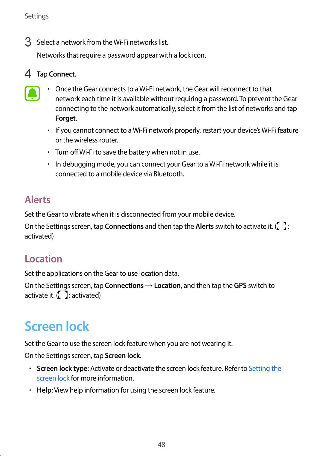 Samsung SM-R3600DAAXEH, SM-R3600ZBADBT, SM-R3600ZINDBT, SM-R3600ZIADBT manual Screen lock, Alerts, Location, Tap Connect 