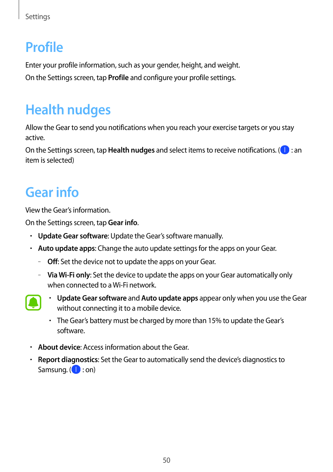 Samsung SM-R3600ZBAXEH, SM-R3600ZBADBT, SM-R3600ZINDBT, SM-R3600ZIADBT, SM-R3600DANDBT manual Profile, Health nudges, Gear info 