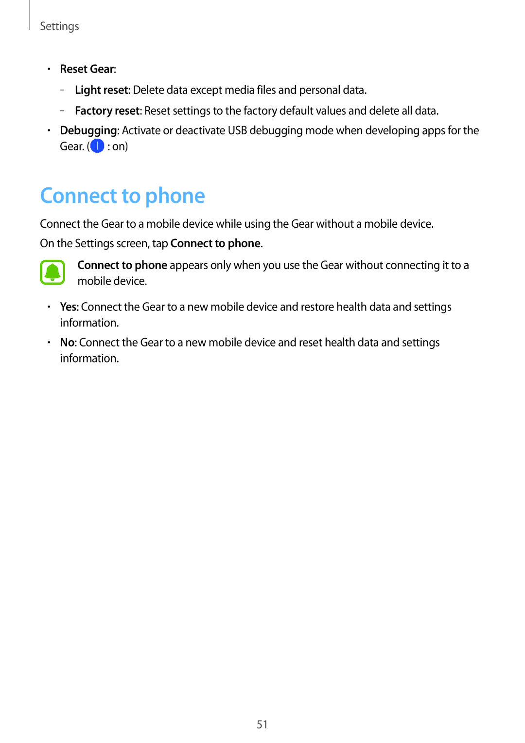 Samsung SM-R3600ZBASER, SM-R3600ZBADBT, SM-R3600ZINDBT, SM-R3600ZIADBT, SM-R3600DANDBT manual Connect to phone, Reset Gear 