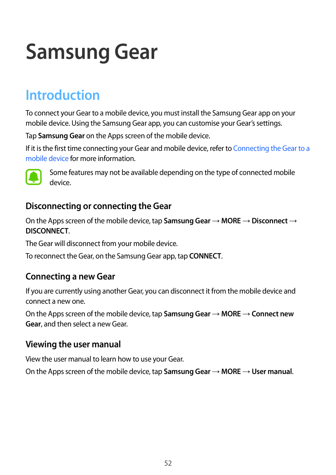 Samsung SM-R3600DAASER, SM-R3600ZBADBT, SM-R3600ZINDBT manual Disconnecting or connecting the Gear, Connecting a new Gear 