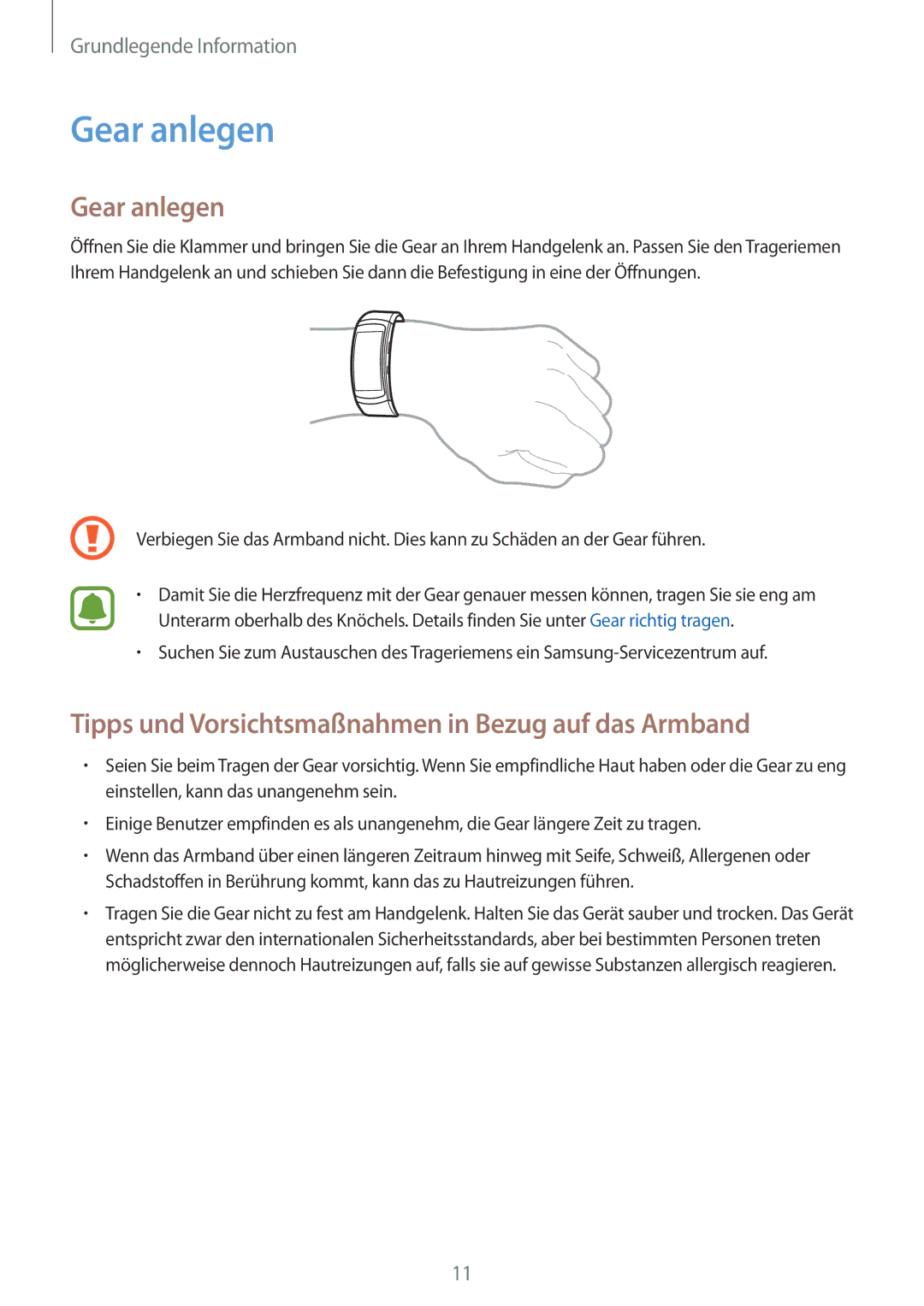 Samsung SM-R3600ZBNDBT, SM-R3600ZBADBT, SM-R3600ZINDBT Gear anlegen, Tipps und Vorsichtsmaßnahmen in Bezug auf das Armband 