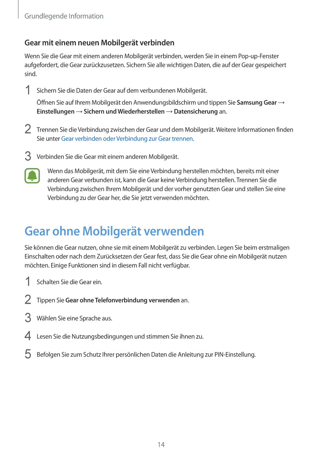 Samsung SM-R3600ZIADBT, SM-R3600ZBADBT manual Gear ohne Mobilgerät verwenden, Gear mit einem neuen Mobilgerät verbinden 