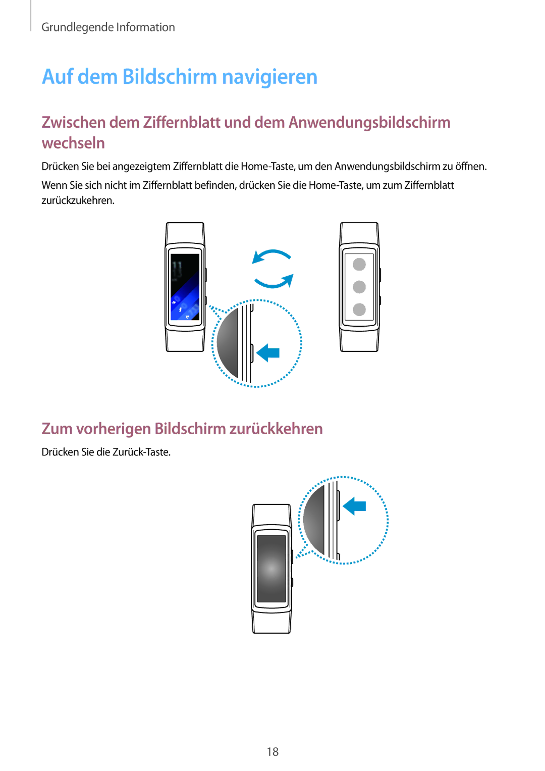 Samsung SM-R3600ZBADBT, SM-R3600ZINDBT manual Auf dem Bildschirm navigieren, Zum vorherigen Bildschirm zurückkehren 