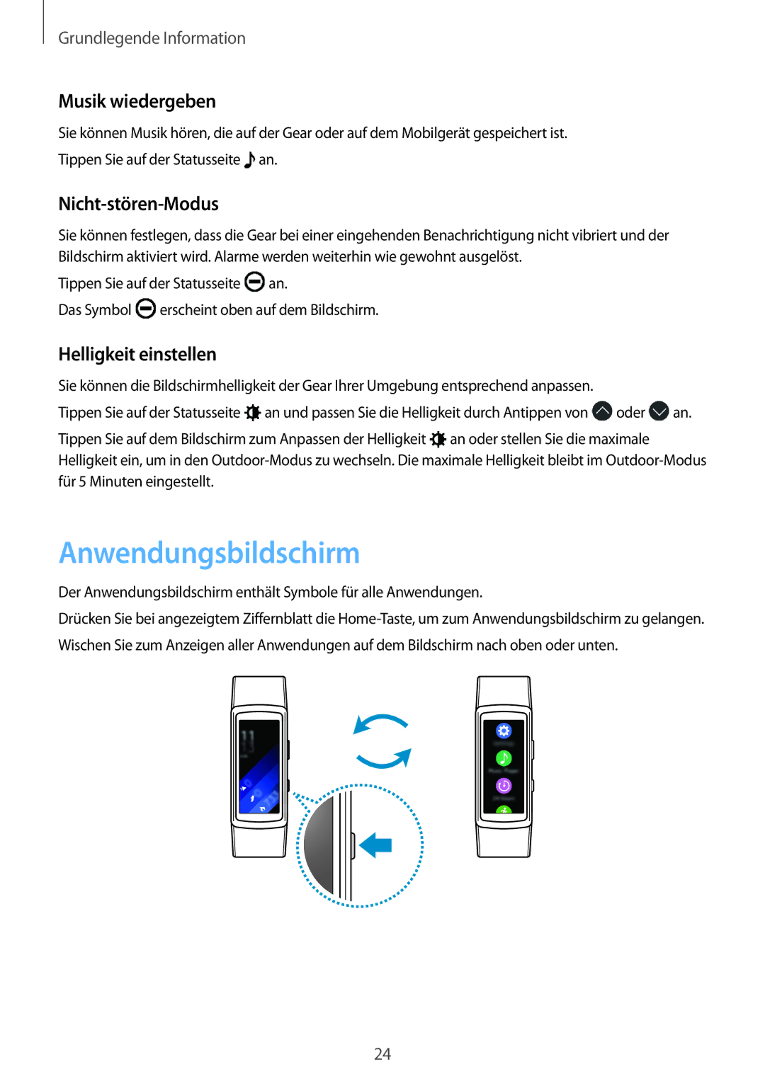 Samsung SM-R3600ZBADBT, SM-R3600ZINDBT Anwendungsbildschirm, Musik wiedergeben, Nicht-stören-Modus, Helligkeit einstellen 