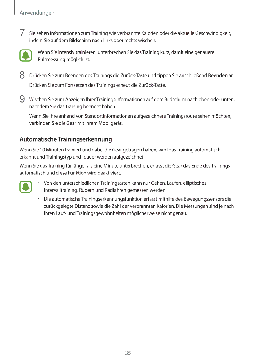 Samsung SM-R3600ZBNDBT, SM-R3600ZBADBT, SM-R3600ZINDBT, SM-R3600ZIADBT, SM-R3600DANDBT manual Automatische Trainingserkennung 