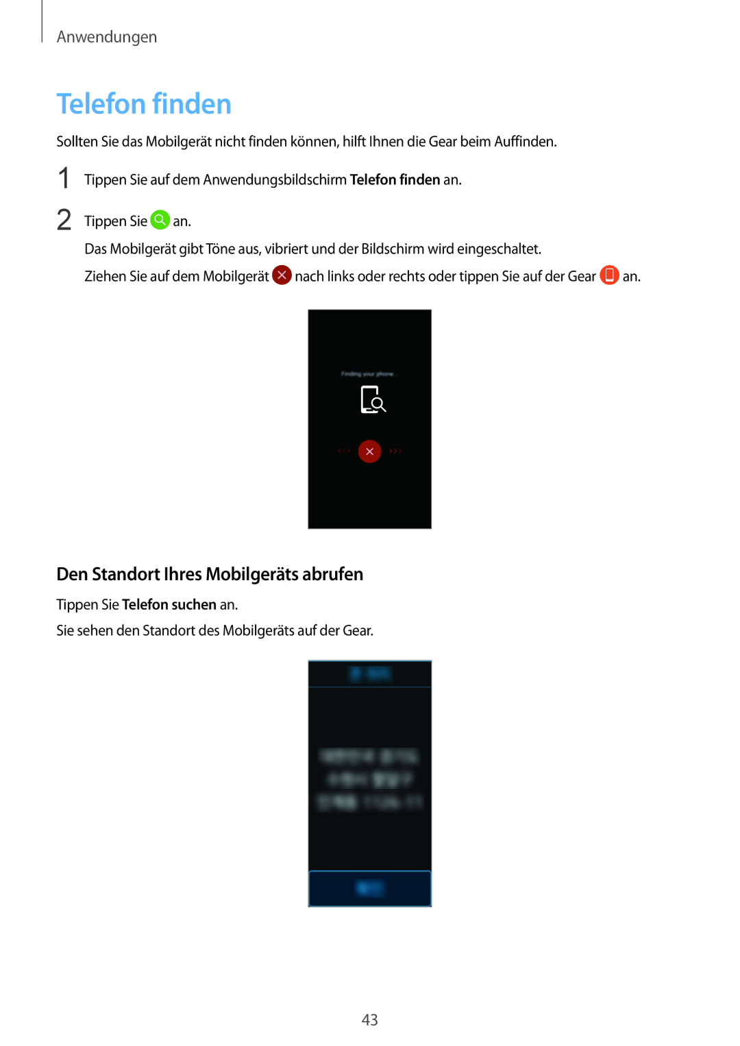 Samsung SM-R3600ZINDBT manual Telefon finden, Den Standort Ihres Mobilgeräts abrufen, Tippen Sie Telefon suchen an 