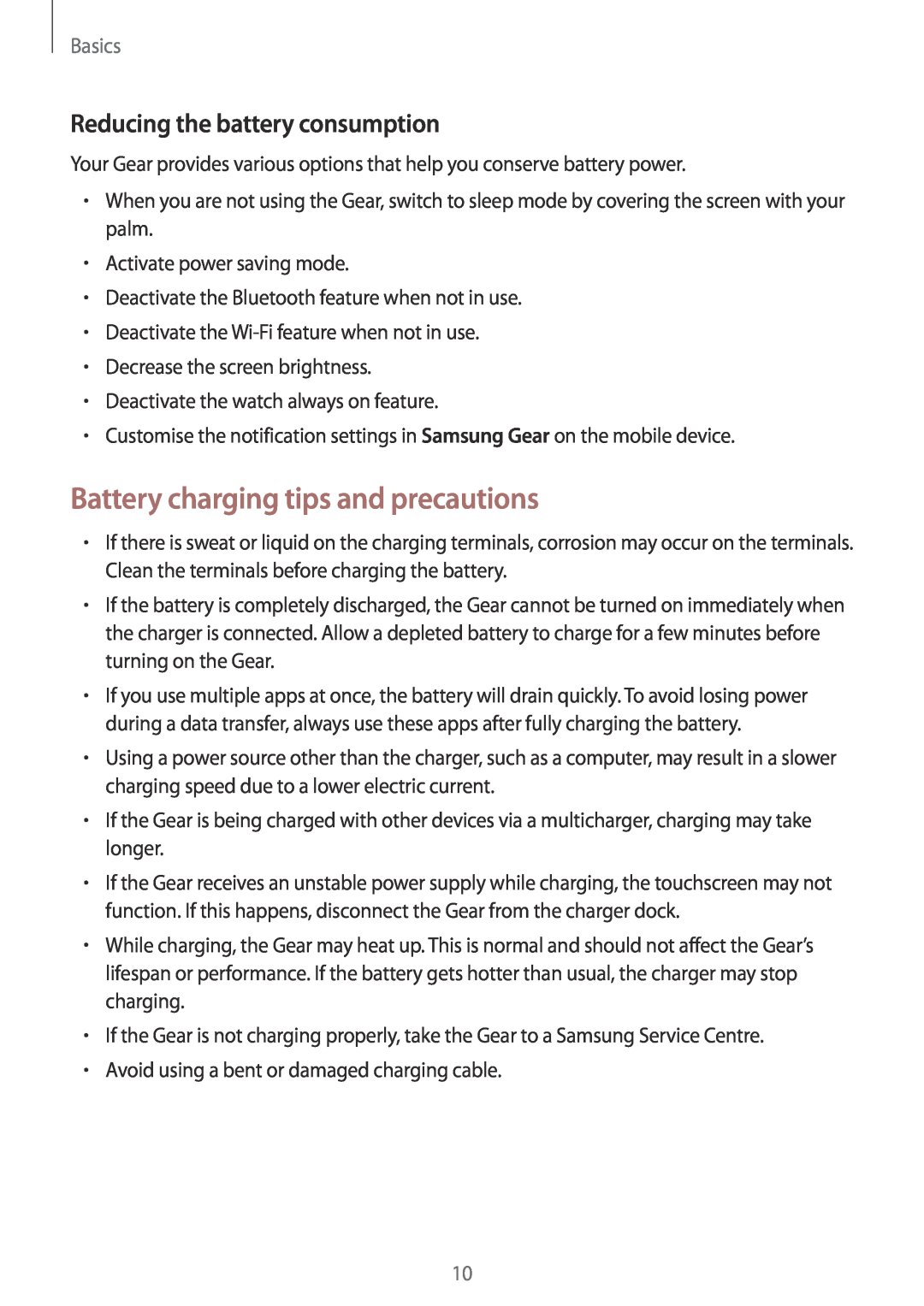 Samsung SM-R3600DANXEF, SM-R3600ZBADBT Battery charging tips and precautions, Reducing the battery consumption, Basics 