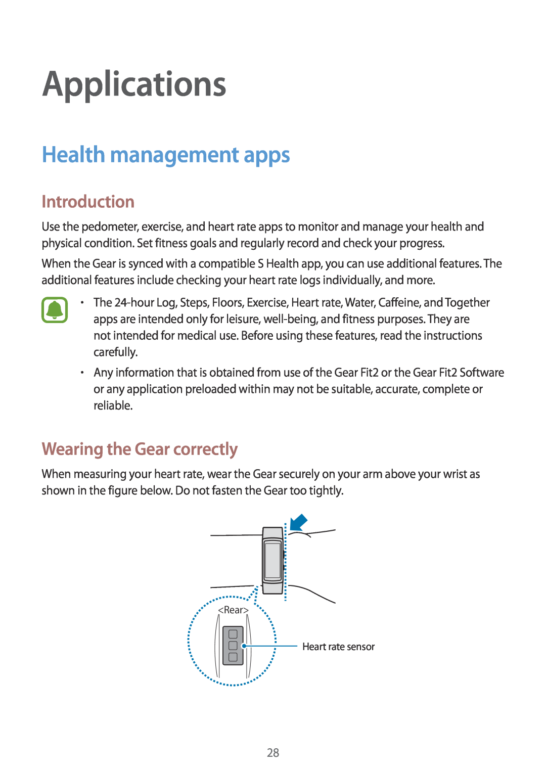 Samsung SM-R3600DAAROM, SM-R3600ZBADBT manual Applications, Health management apps, Wearing the Gear correctly, Introduction 