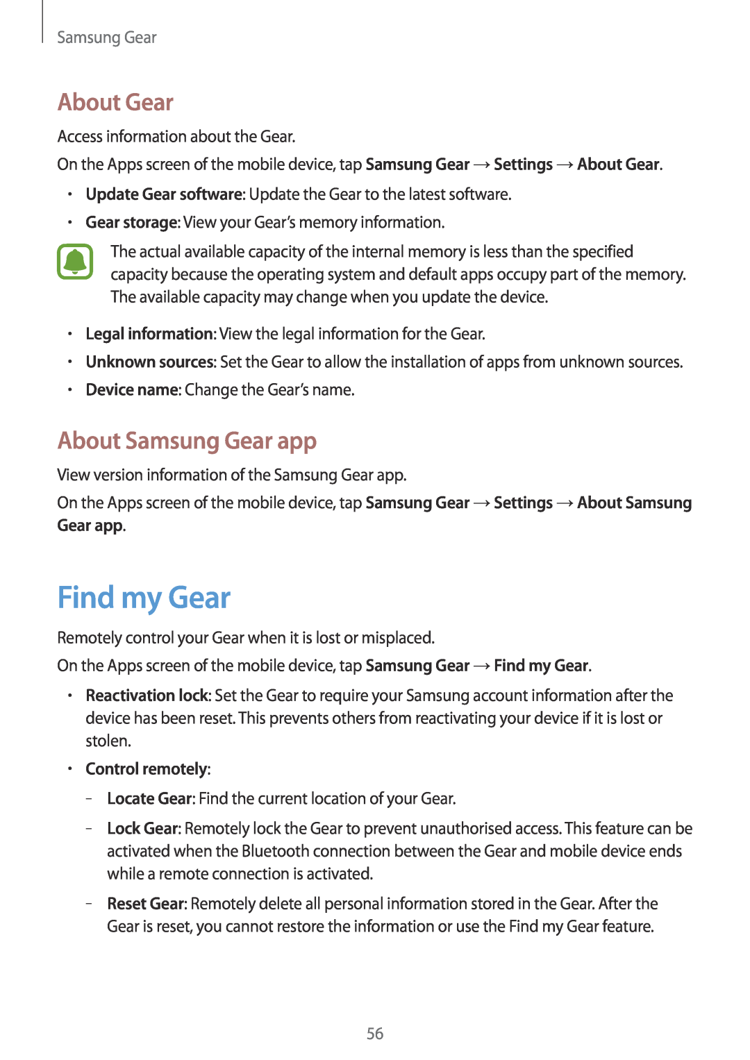 Samsung SM-R3600ZIADBT, SM-R3600ZBADBT, SM-R3600ZINDBT Find my Gear, About Gear, About Samsung Gear app, Control remotely 