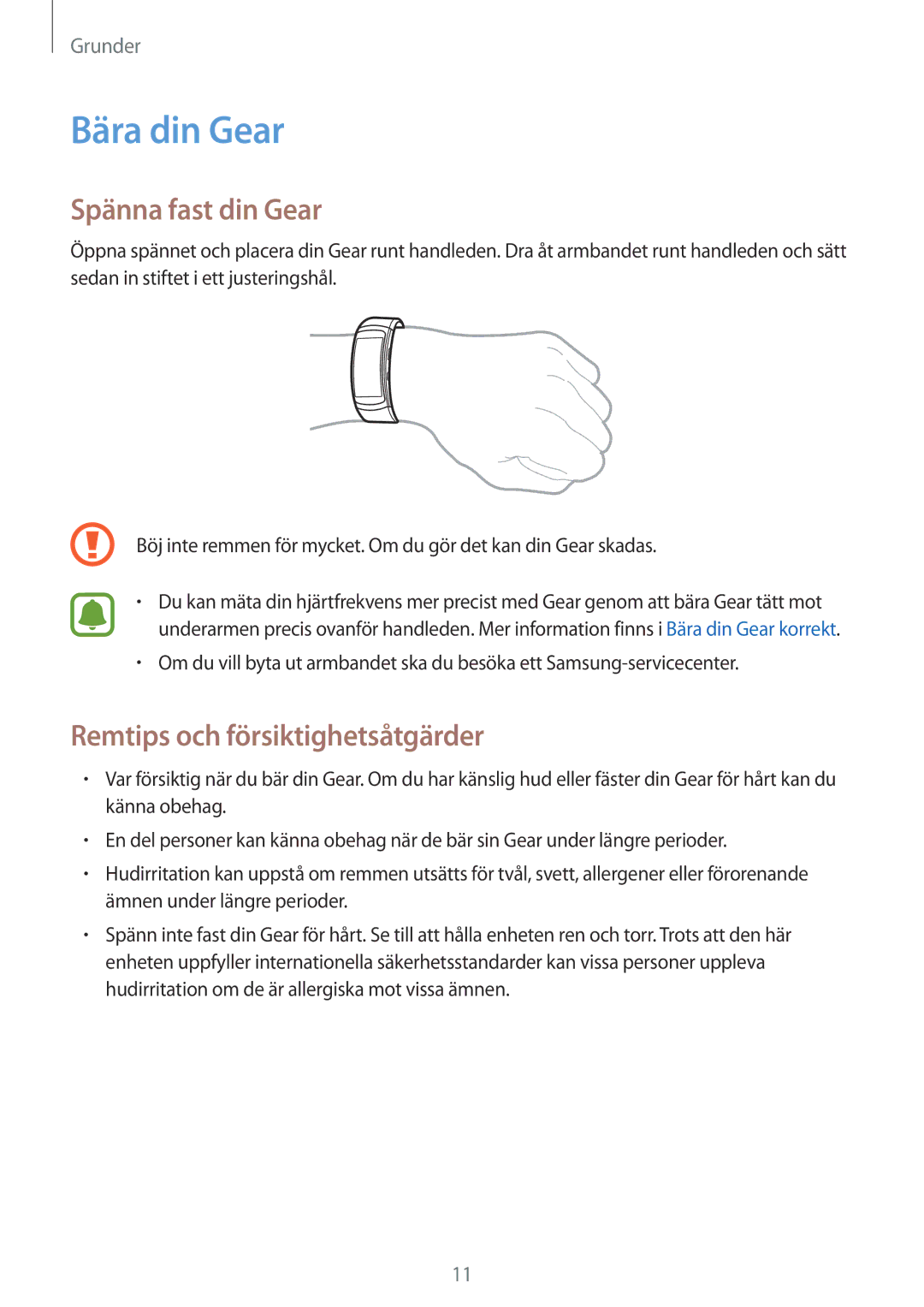 Samsung SM-R3600ZINNEE, SM-R3600ZBANEE manual Bära din Gear, Spänna fast din Gear, Remtips och försiktighetsåtgärder 