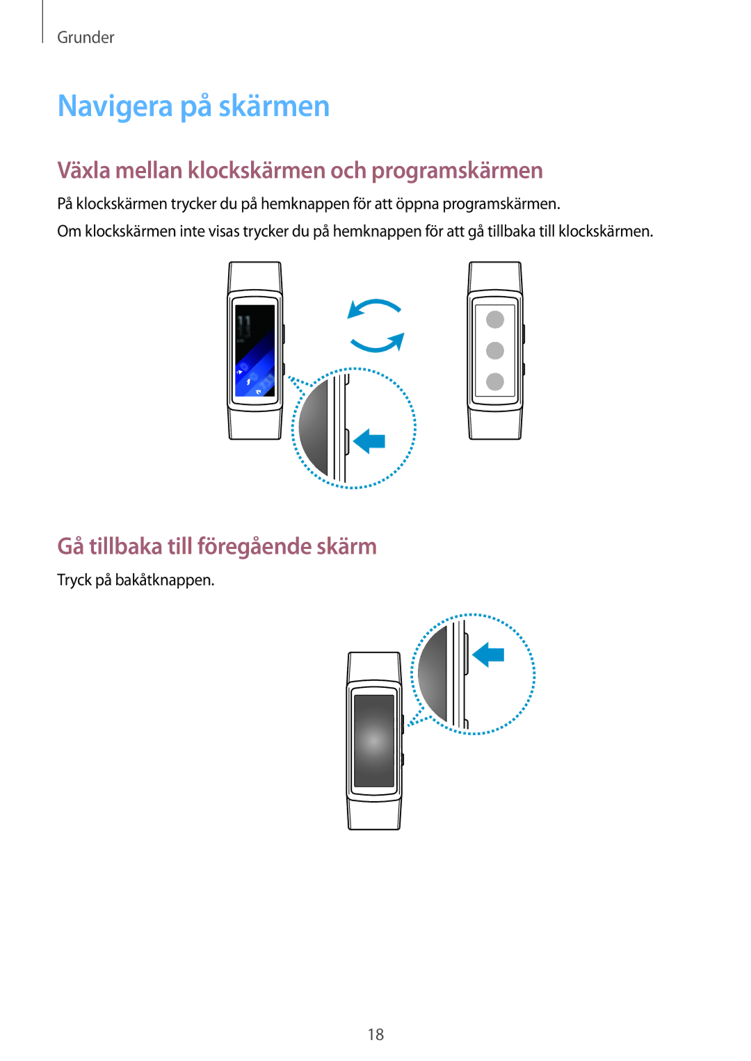 Samsung SM-R3600ZBANEE, SM-R3600ZBNNEE, SM-R3600ZIANEE Navigera på skärmen, Växla mellan klockskärmen och programskärmen 