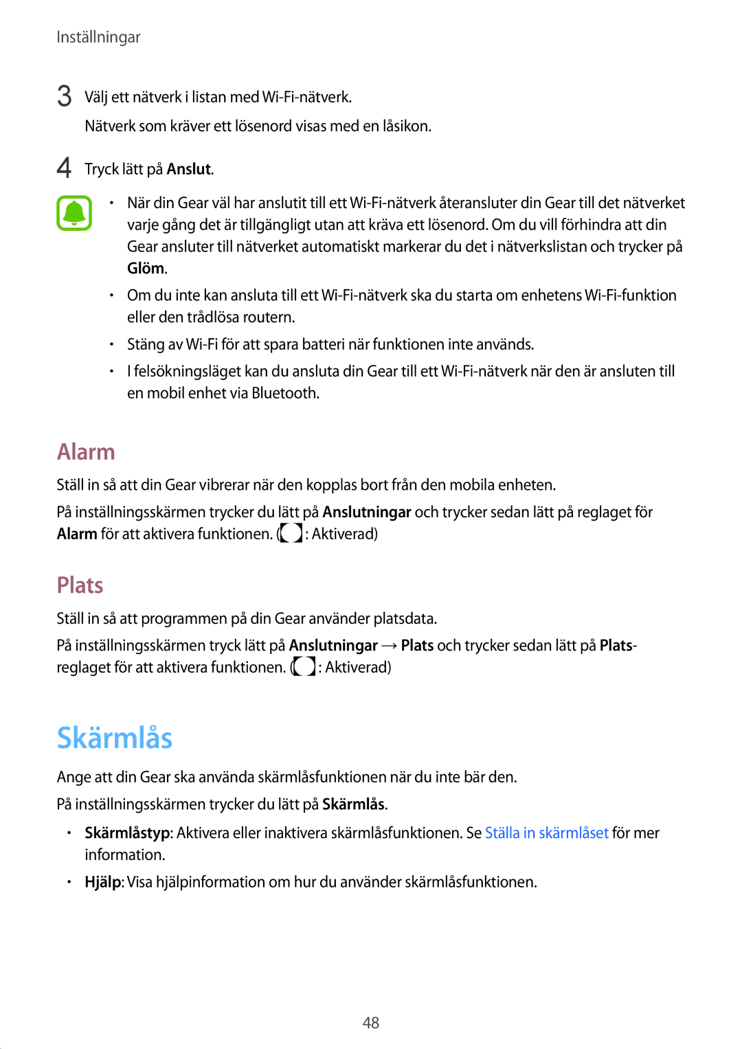 Samsung SM-R3600ZBANEE, SM-R3600ZBNNEE, SM-R3600ZIANEE, SM-R3600DAANEE, SM-R3600DANNEE, SM-R3600ZINNEE Skärmlås, Alarm, Plats 