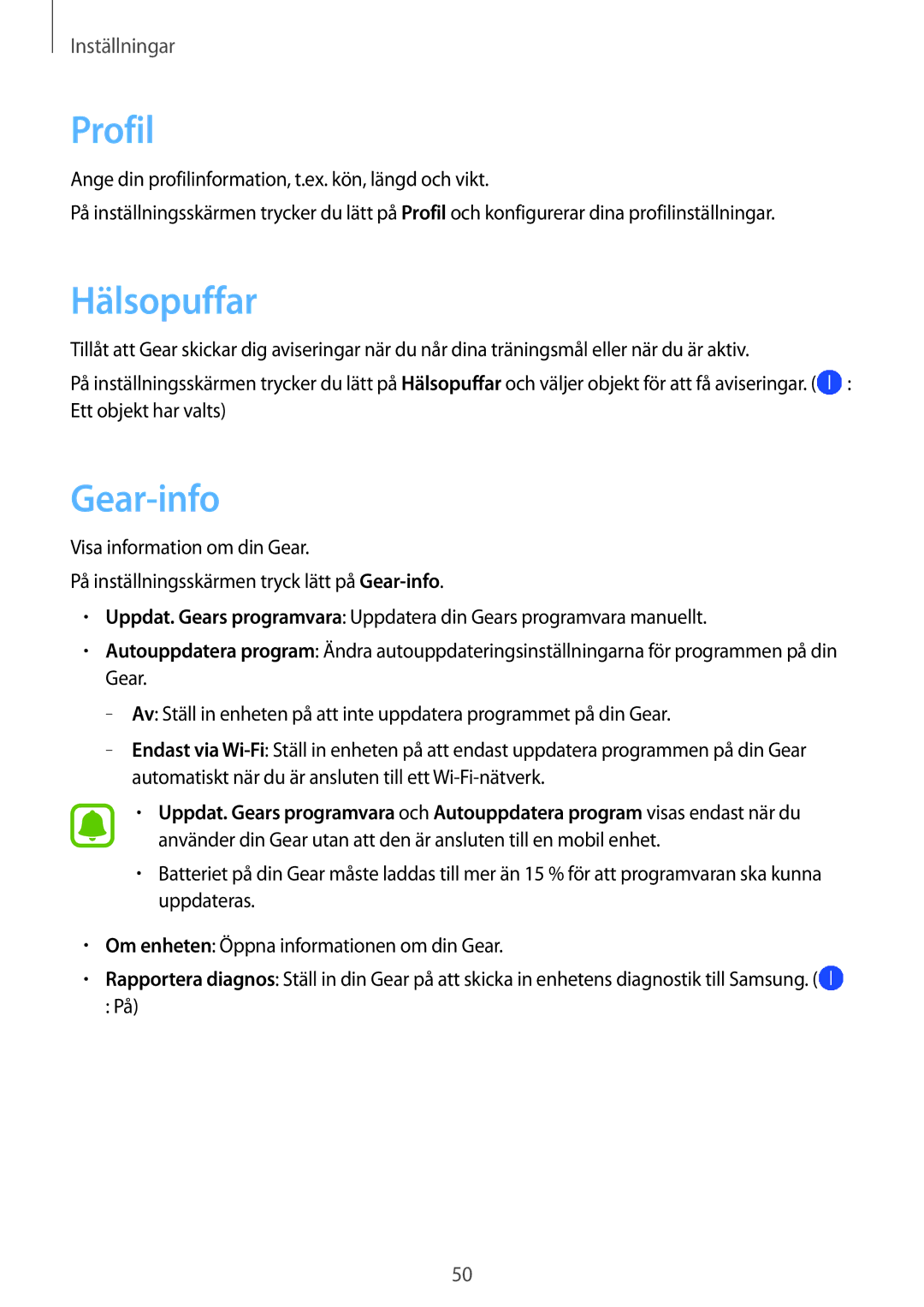 Samsung SM-R3600ZIANEE, SM-R3600ZBANEE, SM-R3600ZBNNEE, SM-R3600DAANEE, SM-R3600DANNEE manual Profil, Hälsopuffar, Gear-info 