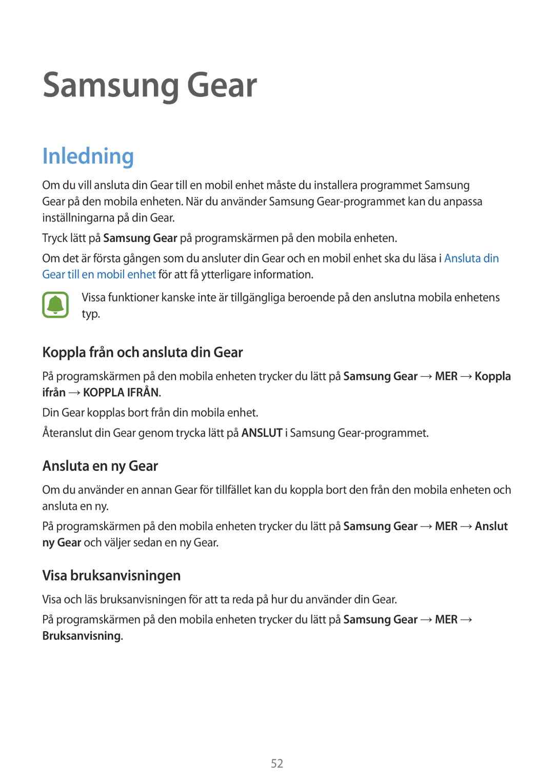 Samsung SM-R3600DANNEE manual Koppla från och ansluta din Gear, Ansluta en ny Gear, Visa bruksanvisningen, Bruksanvisning 