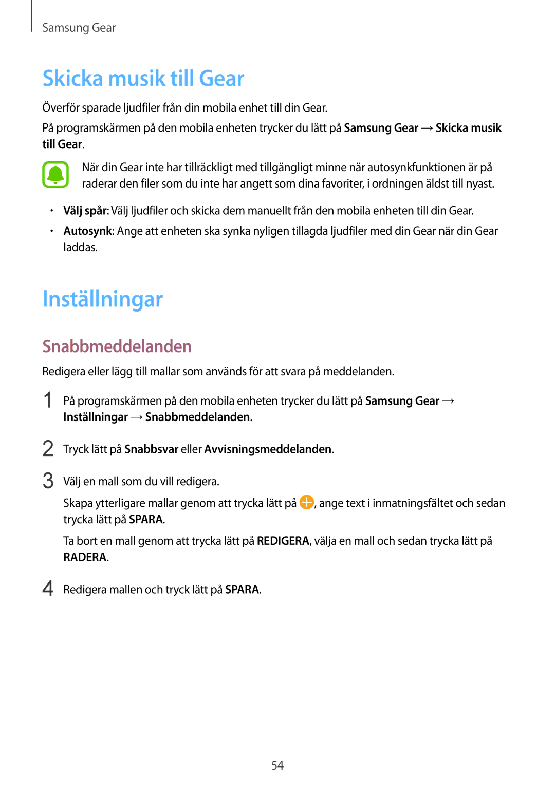 Samsung SM-R3600ZBANEE, SM-R3600ZBNNEE, SM-R3600ZIANEE manual Skicka musik till Gear, Inställningar, Snabbmeddelanden 