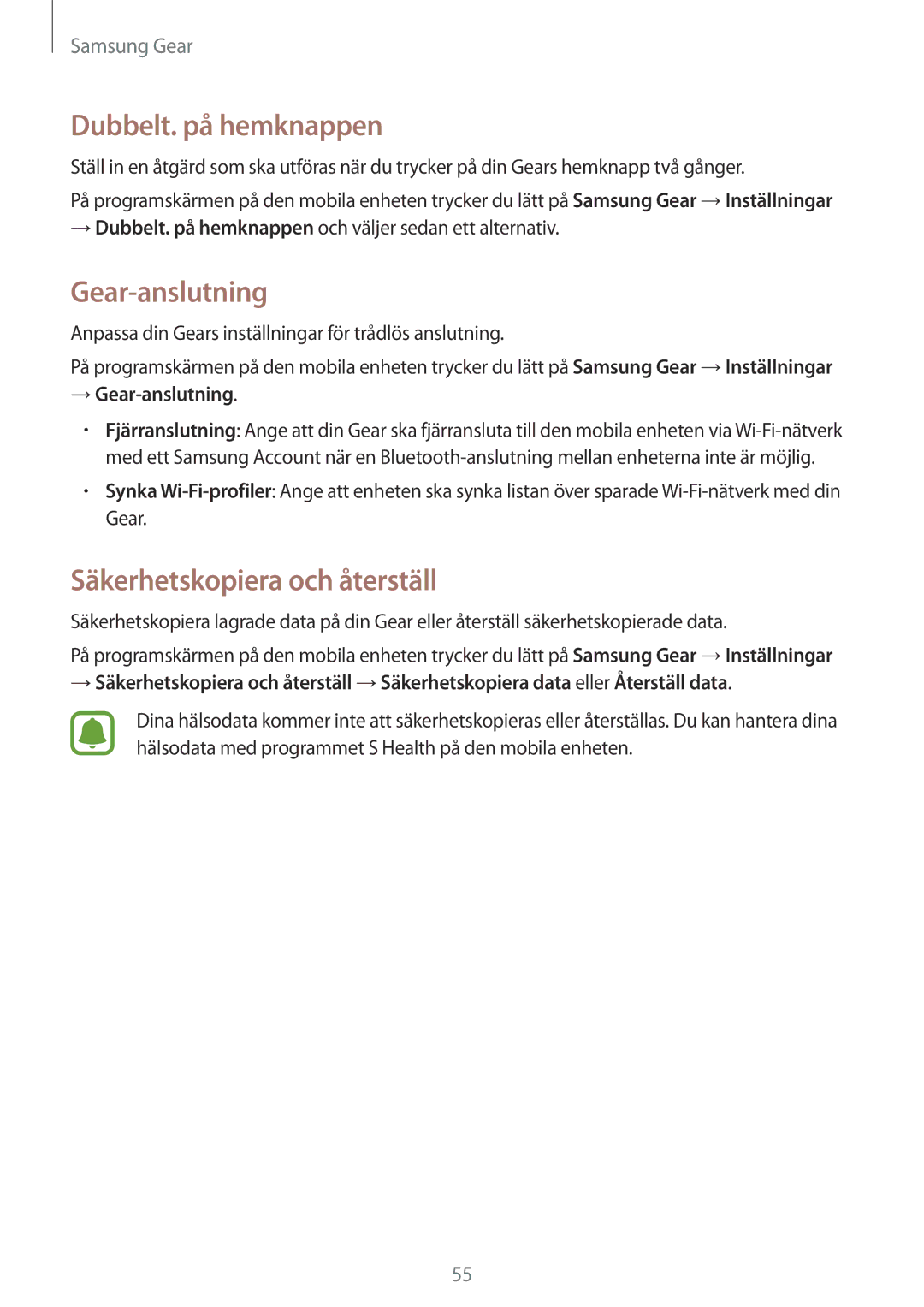 Samsung SM-R3600ZBNNEE, SM-R3600ZBANEE manual Dubbelt. på hemknappen, Säkerhetskopiera och återställ, → Gear-anslutning 