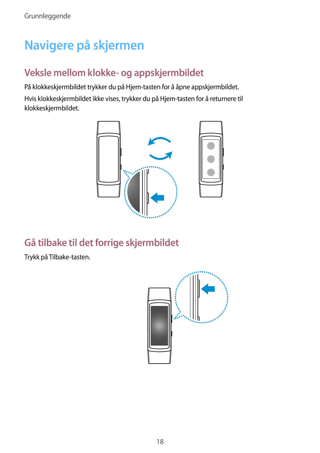 Samsung SM-R3600ZBANEE, SM-R3600ZBNNEE, SM-R3600ZIANEE manual Navigere på skjermen, Veksle mellom klokke- og appskjermbildet 