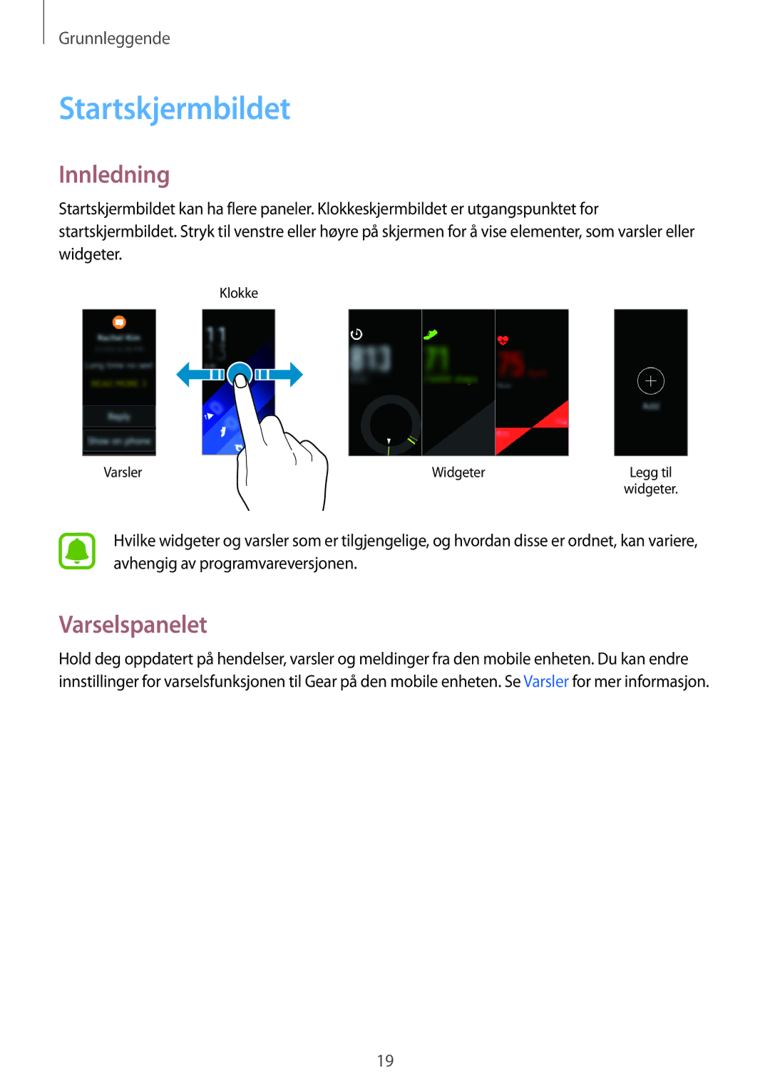 Samsung SM-R3600ZBNNEE, SM-R3600ZBANEE, SM-R3600ZIANEE, SM-R3600DAANEE manual Startskjermbildet, Innledning, Varselspanelet 