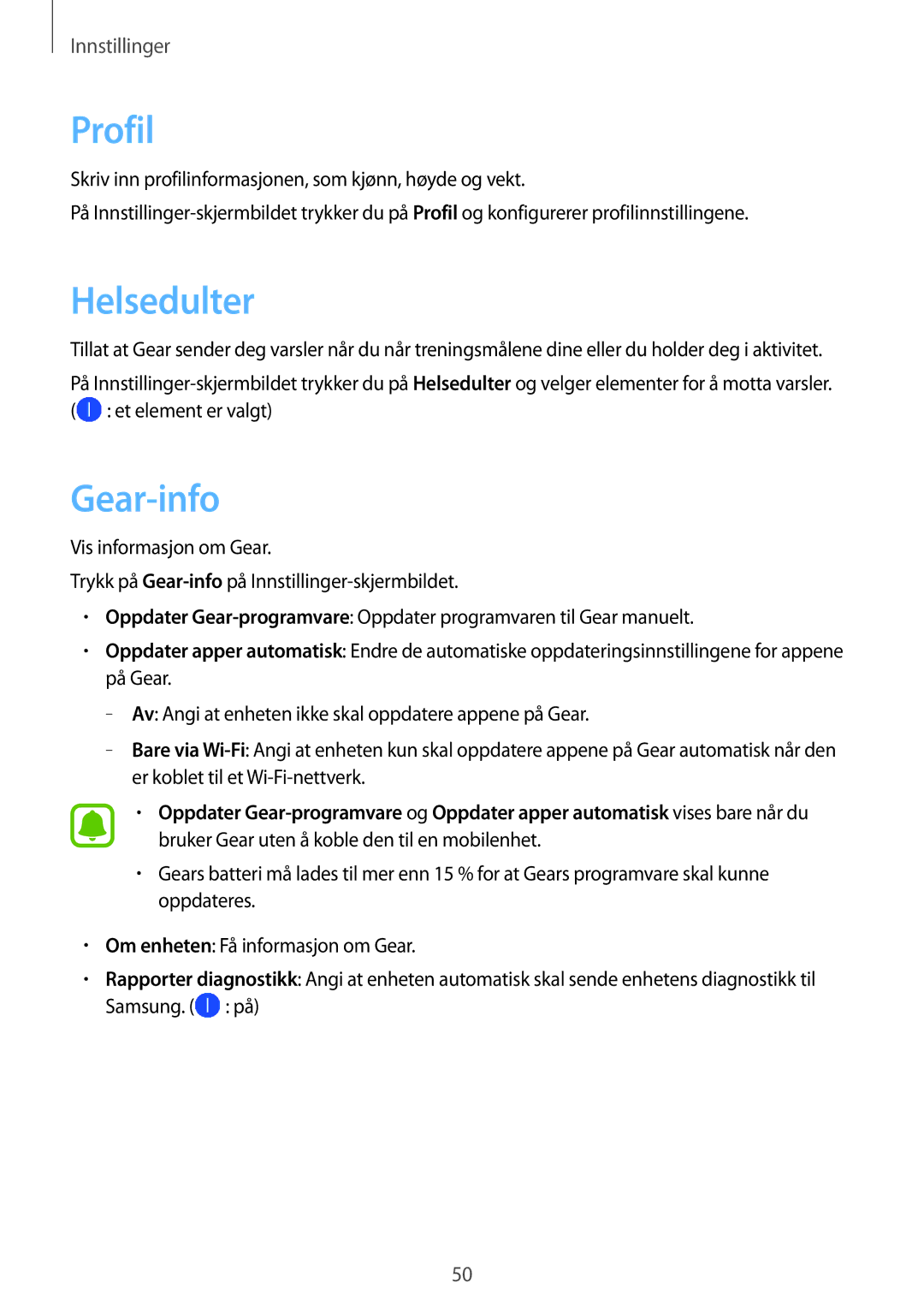 Samsung SM-R3600ZIANEE, SM-R3600ZBANEE, SM-R3600ZBNNEE, SM-R3600DAANEE, SM-R3600DANNEE manual Profil, Helsedulter, Gear-info 