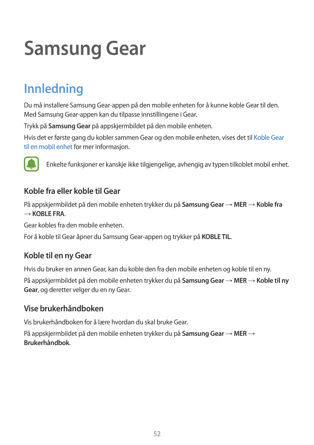 Samsung SM-R3600DANNEE, SM-R3600ZBANEE manual Koble fra eller koble til Gear, Koble til en ny Gear, Vise brukerhåndboken 