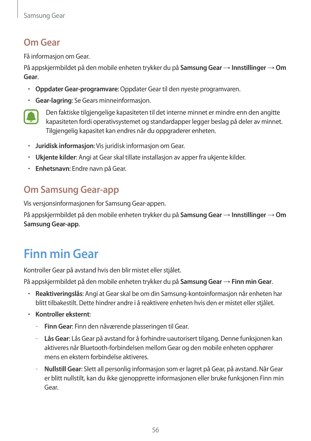 Samsung SM-R3600ZIANEE, SM-R3600ZBANEE, SM-R3600ZBNNEE Finn min Gear, Om Gear, Om Samsung Gear-app, Kontroller eksternt 