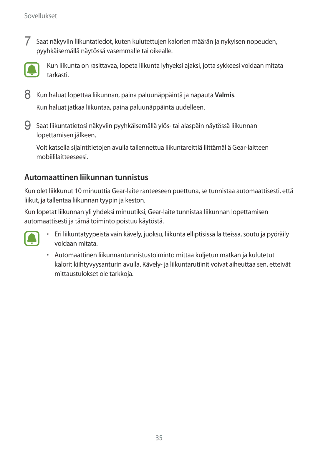 Samsung SM-R3600ZINNEE, SM-R3600ZBANEE, SM-R3600ZBNNEE, SM-R3600ZIANEE, SM-R3600DAANEE manual Automaattinen liikunnan tunnistus 