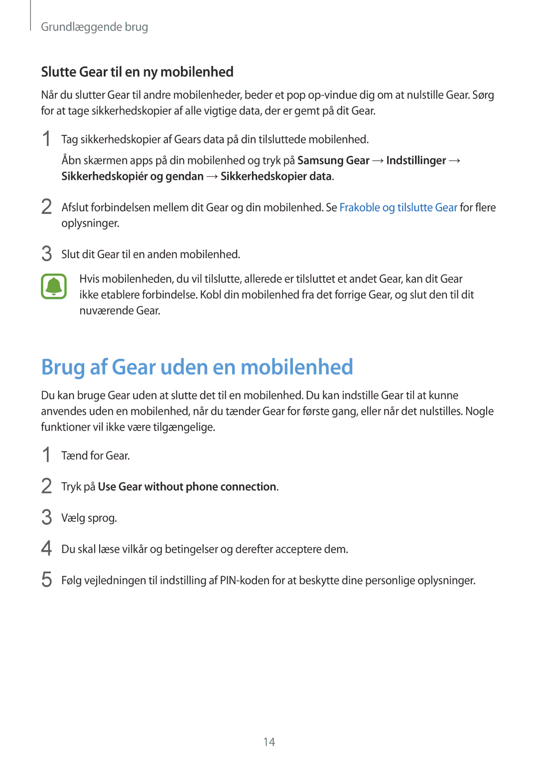 Samsung SM-R3600ZIANEE, SM-R3600ZBANEE, SM-R3600ZBNNEE Brug af Gear uden en mobilenhed, Slutte Gear til en ny mobilenhed 