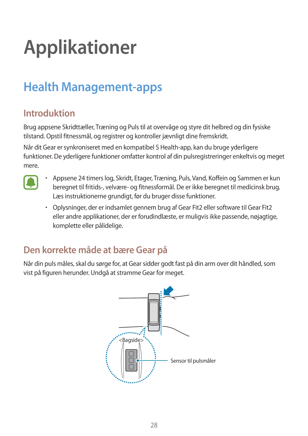 Samsung SM-R3600DANNEE, SM-R3600ZBANEE, SM-R3600ZBNNEE manual Health Management-apps, Den korrekte måde at bære Gear på 