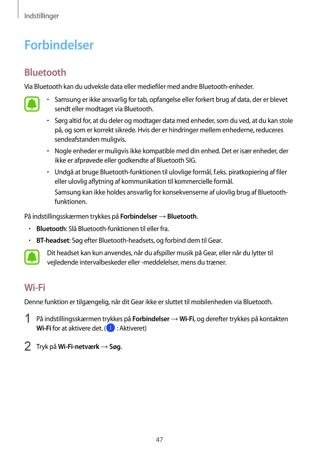 Samsung SM-R3600ZINNEE manual Forbindelser, Bluetooth, Wi-Fifor at aktivere det. Aktiveret, Tryk på Wi-Fi-netværk →Søg 